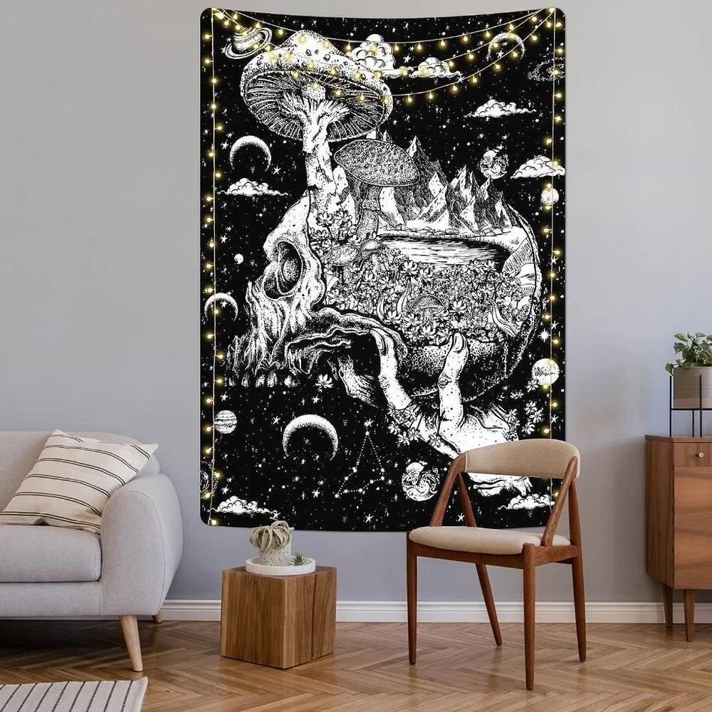 Hand Holding Skull Black White Mushroom Moon Dark Fantasy Goth Big Wall Tapestry